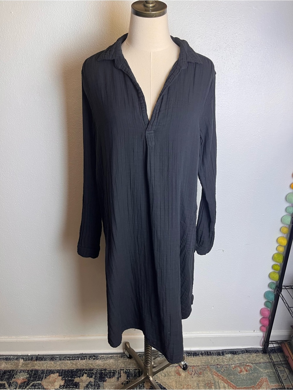 CP Shades Navy Long Sleeve V-Neck Shirt Dress 100% Cotton